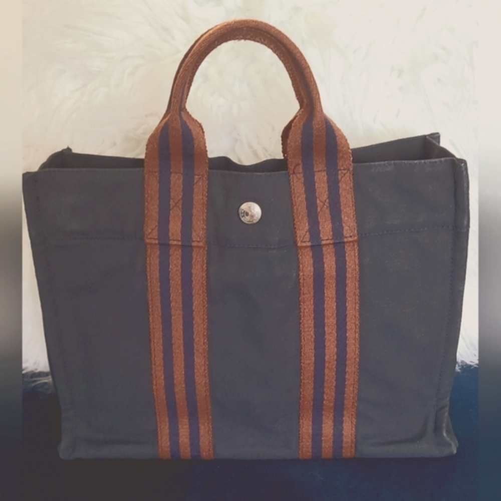 HERMES Fourre Tout PM Canvas Tote Bag Navy Blue